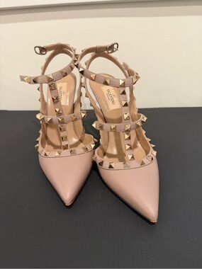 Valentino Nude Pink Rockstud Leather Strappy Pointed Pumps